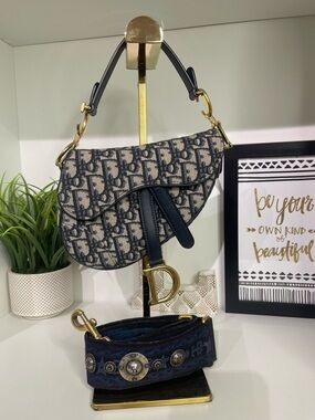 Dior Navy and Beige Mini Saddle Bag with Gold Hardware